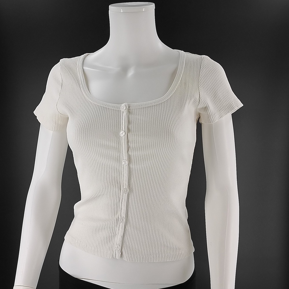 Heart & Hips Cream Ribbed Button Front Short Sleeve Top RT52858A Size L